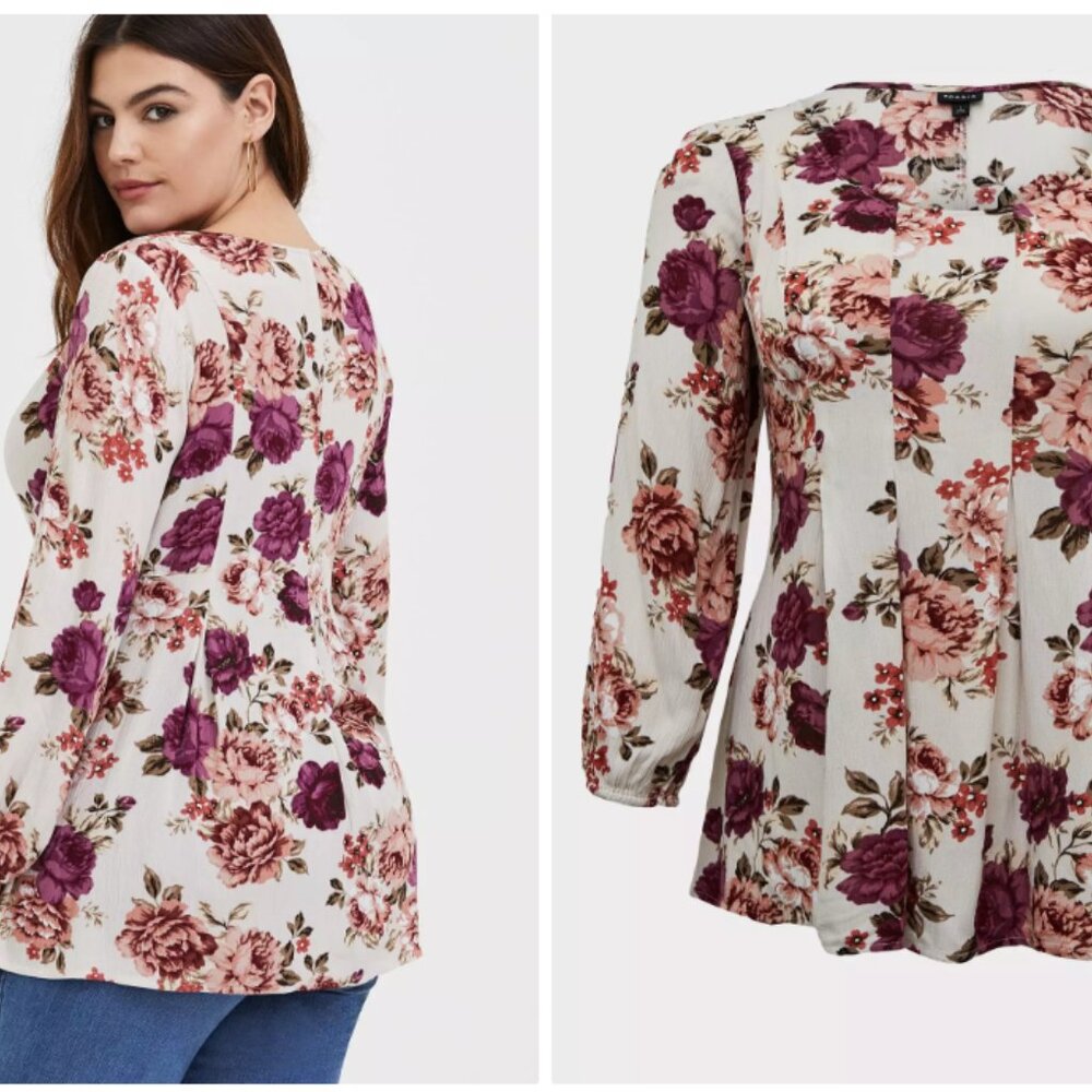 Torrid - Fit And Flare Crinkle Gauze Top - Floral Long Sleeve Blouse
